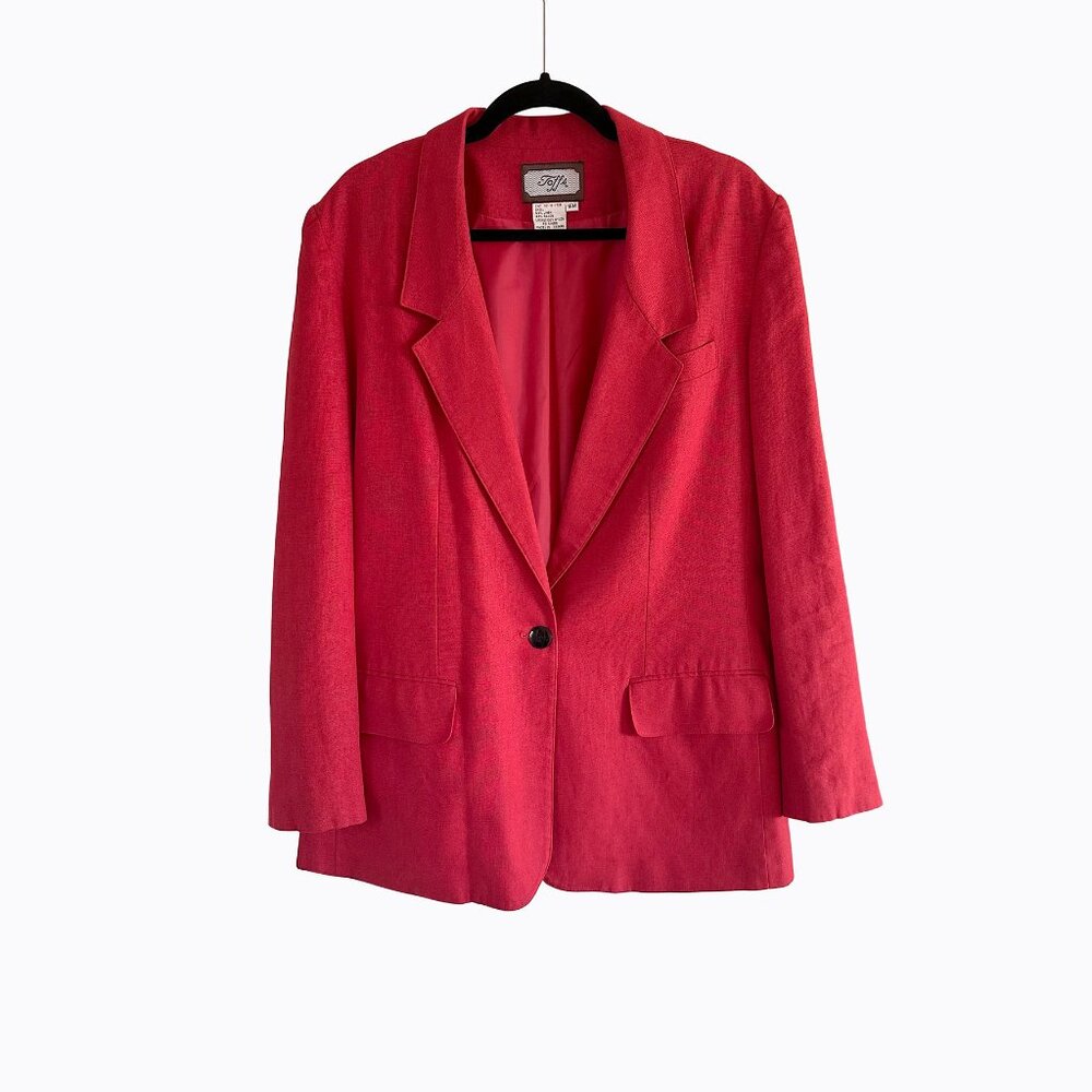Vintage Red Linen Blend Blazer Jacket L Bold Statement 90s Office Siren Classic